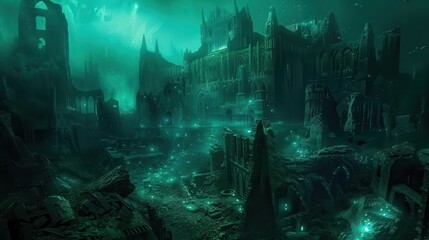 Panoramic underwater dystopia, haunted ruins of sunken city, glowing bioluminescent creatures, digital art, hyper-detailed, moody blues and greens, surreal ambiance