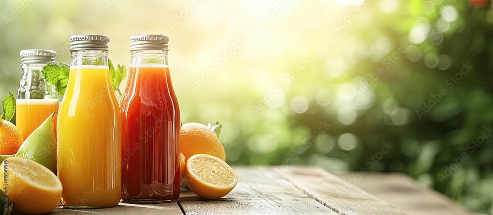 Poster homemade fresh squeezed juice in bottles. with copy space image. place for adding text or design