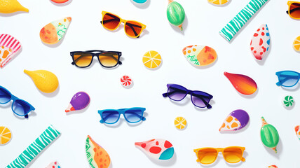 Obraz premium Illustration of a playful summer pattern with colorful beach items like sunglasses and ball isolated on a white background