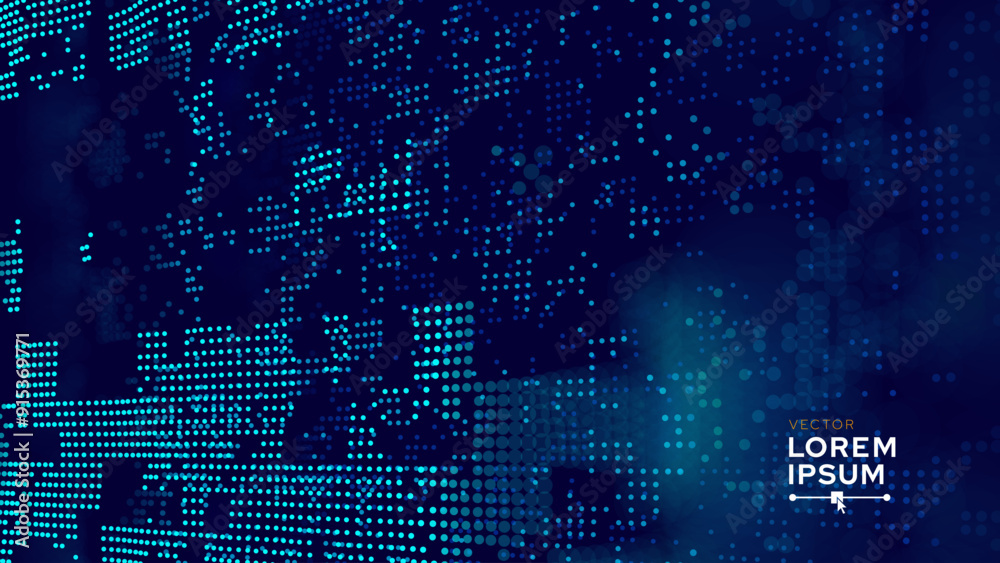 Poster Abstract Technology Futuristic Digital Concept Pattern with Lighting Glowing Circles on Dark Blue Background. High Tech or Science Research Presentation Backdrop. Vector Illustration.