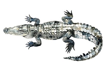 Naklejka premium Watercolor Illustration of a Crocodile with a White Background.