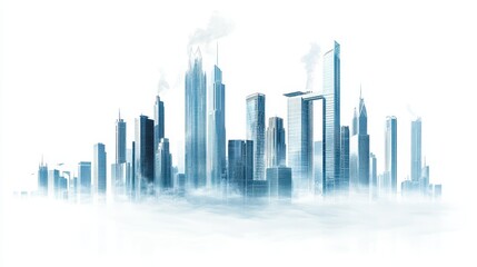 Naklejka premium Futuristic city skyline with glass buildings shrouded in mist at dawn