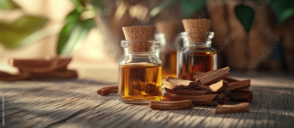 Poster sandalwood essential oil placed on the table. with copy space image. place for adding text or design