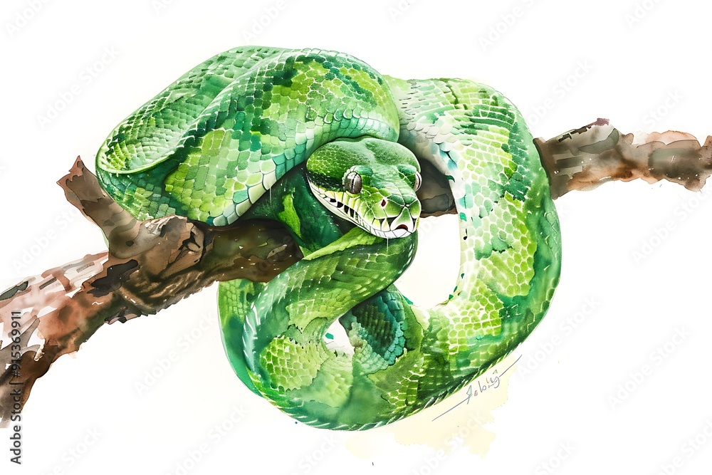 Canvas Prints Watercolor painting of a green snake coiled on a branch.