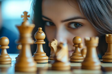 A player intensely examines chess pieces on a well-used board, contemplating their next move as the game approaches its climax