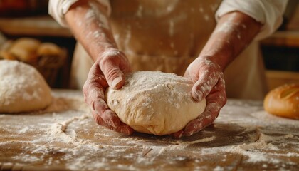 Hands Holding Fresh Dough on Wooden Surface with Flour, Home Baking Process, Pastry Preparation, Rustic Style, Banner with Copy Space