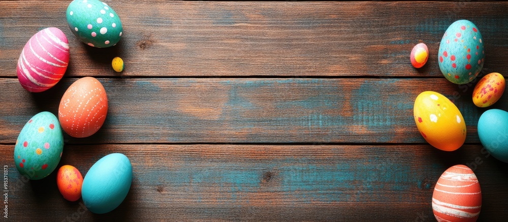Aufkleber Easter themed blank list on a wooden table. with copy space image. Place for adding text or design