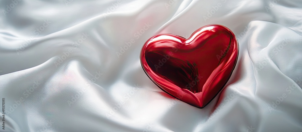 Poster red box jewelry heart positioned on white fabric. with copy space image. place for adding text or de