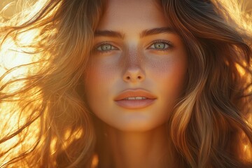 Naklejka premium portrait of woman with long silky brown hair flowing in the wind warm sunlight highlighting natural shine focus on hair texture and movement against softfocus background