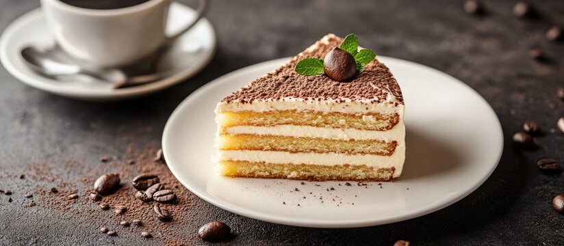 A tasty slice of esterhazy cake torte A morning coffee paired with a Hungarian dessert Food backdrop featuring a copyspace