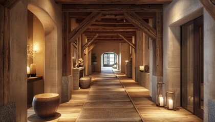Contemporary Rustic Design Aesthetic in Warmly Lit Corridor with Exposed Wooden Beams