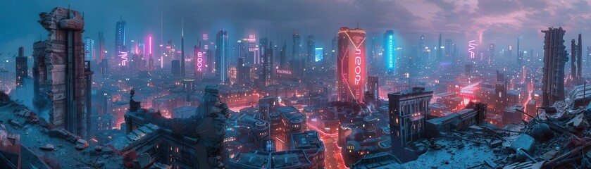 Wide-angle view of a futuristic cityscape blending with ancient ruins
