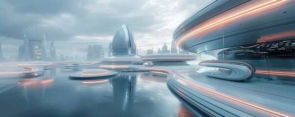 Wide-angle view of a minimalist futuristic cityscape