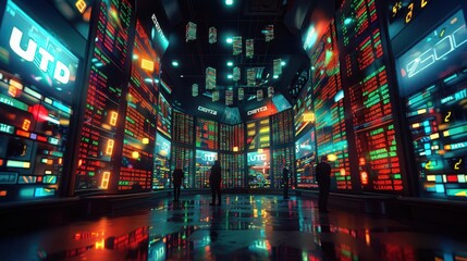 Wide-angle view of a surrealist stock market