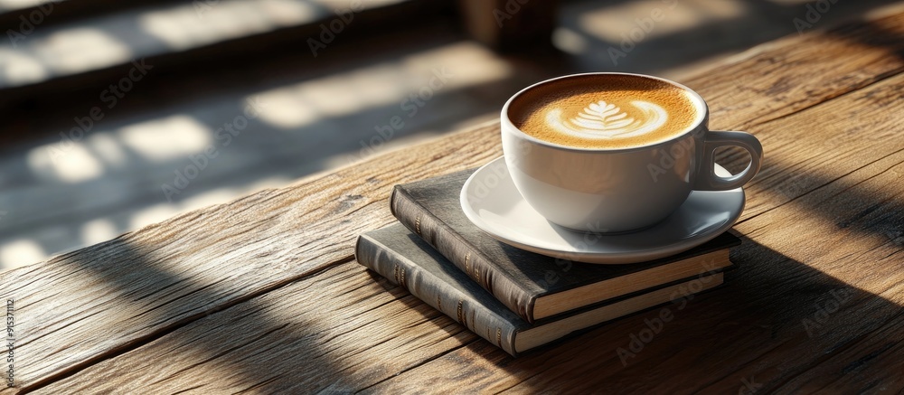 Leinwandbilder nighttime coffee with crema and a stack of books cover mock up on a wooden table. with copy space im