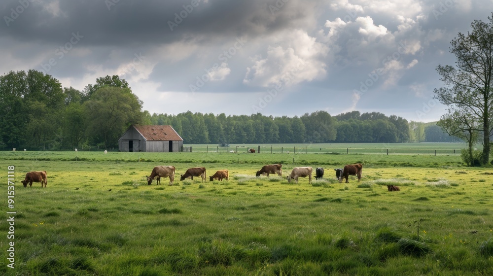 Poster a herd of cows are grazing in a field