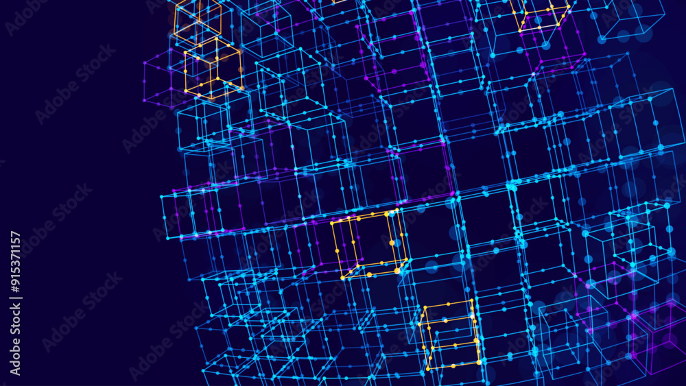 Poster Big Data 3D Cubes Quantum Computer Server Concept Background. 3D Blockchain Cube Blocks Concept. Data Core Abstract Cubes. Artificial Intelligence HUD Design Element.