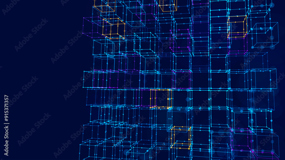 Poster Big Data 3D Cubes Quantum Computer Server Concept Background. 3D Blockchain Cube Blocks Concept. Data Core Abstract Cubes. Artificial Intelligence HUD Design Element.