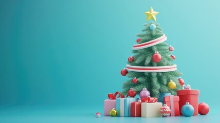 Fototapeta premium 3D-style Christmas tree with colorful decorations and gifts underneath, creating a festive and vibrant holiday scene.