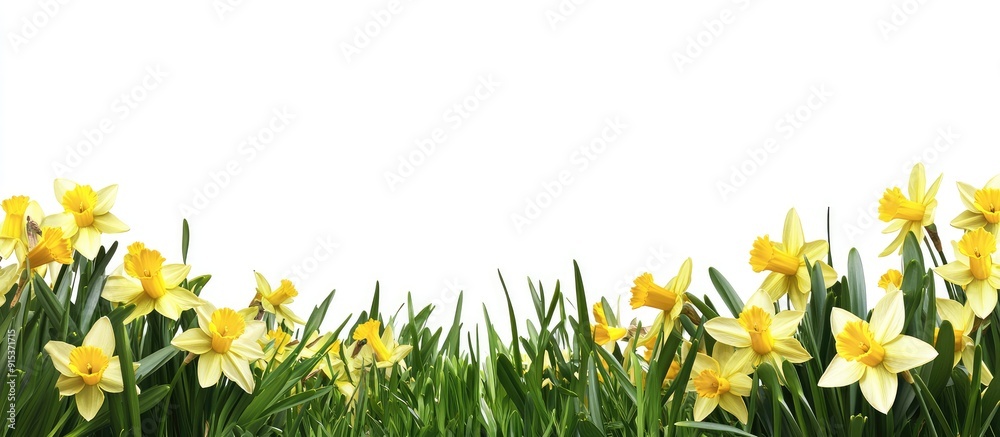 Poster Spring background featuring a frame of grass and daffodils in a natural setting suitable for a white isolated studio background Close up. with copy space image. Place for adding text or design