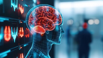 Obraz premium Stroke treatment and recovery, holographic brain mapping, futuristic medical technology