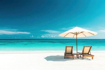 Two lounge chairs shade beneath an umbrella, overlooking serene turquoise waters and inviting white sand on a bright sunny day