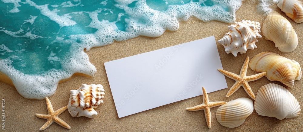 Poster holiday beach theme featuring shells sea stars and a blank postcard. with copy space image. place fo