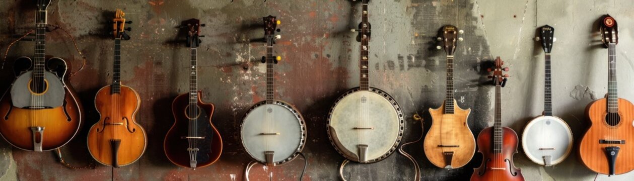 Vintage Musical Instruments Hanging On A Wall.