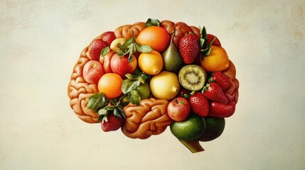 Artistic depiction of a brain with fresh fruits, symbolizing the role of nutrition in maintaining mental and physical health.
