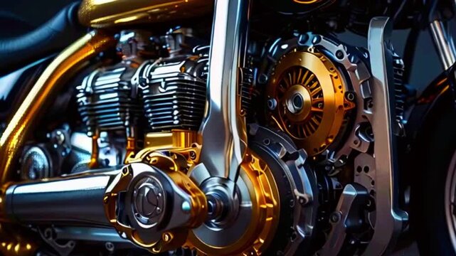 Close-up of a gold motorcycle engine with intricate details.