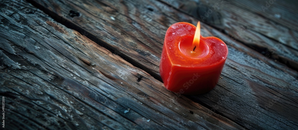 Poster Red heart shaped candles burning on a rustic white wooden table Background for Valentine s Day and Mother s Day Toned image with soft focus. with copy space image. Place for adding text or design