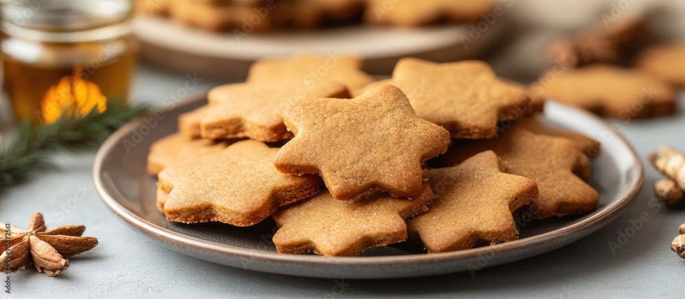 Poster Homemade shortbread cookies featuring ginger and honey on a plate on the table close up Tasty fragrant gingerbread pastry copy space DIY gingerbread cookies