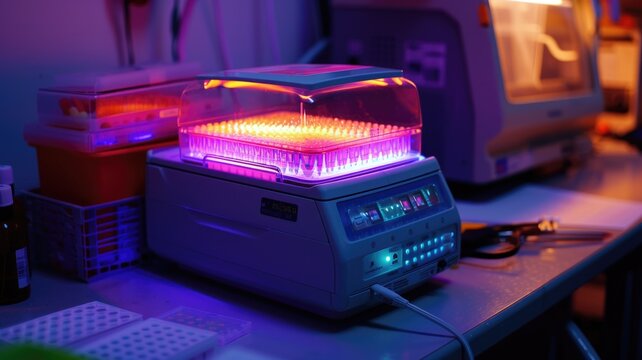 A thermal cycler in action, amplifying DNA segments for a PCR experiment, with a glowing interface