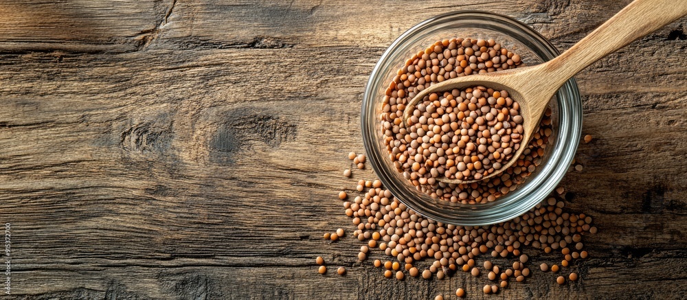 Poster wooden spoon and lentil seeds placed in a glass bowl on a textured wooden surface. with copy space i