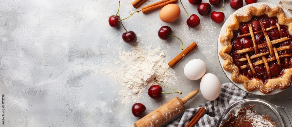 Poster Cherry pie baking ingredients fresh cherries flour egg cinnamon and a rolling pin on a rustic white table Background arrangement with available text space Top view flat lay style