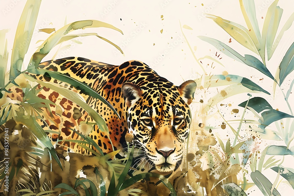 Canvas Prints Watercolor Illustration of a Jaguar in the Jungle.