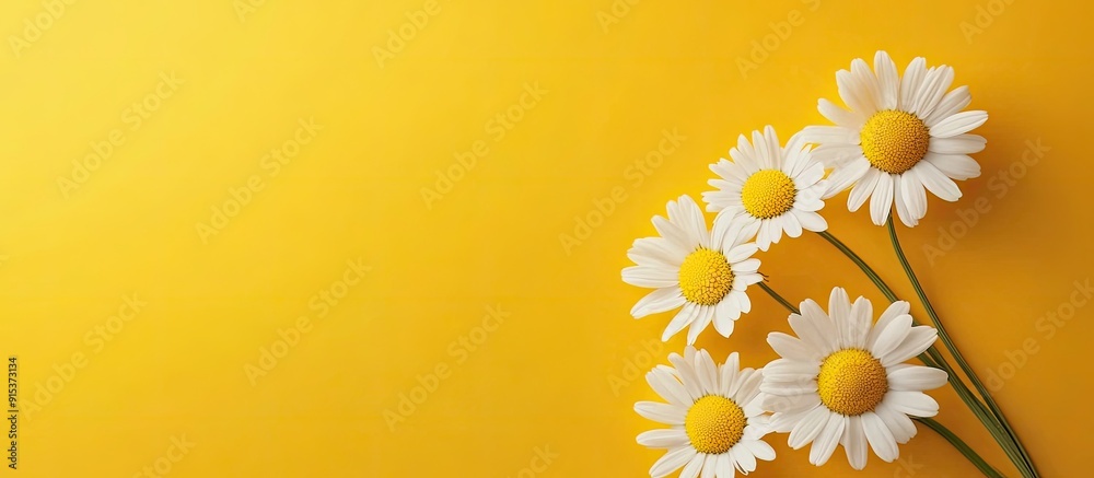 Poster White chamomile flowers rest on a yellow background. with copy space image. Place for adding text or design