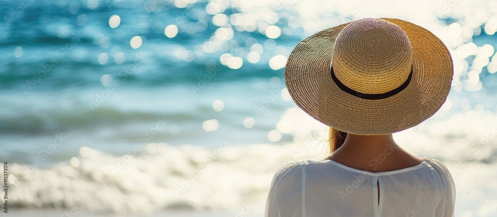 Poster woman with a straw hat at the beach. with copy space image. place for adding text or design