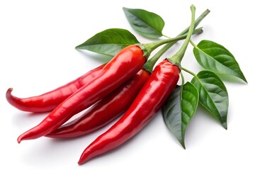 3 red hot chili peppers with a leaf on a branch 
on a white background