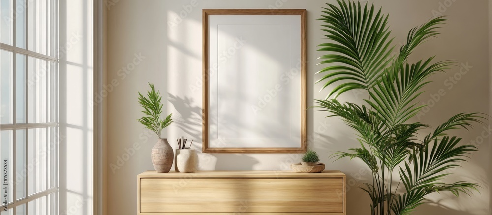 Aufkleber plant on a wooden cabinet positioned between a mirror and a rack in a contemporary anteroom with a p