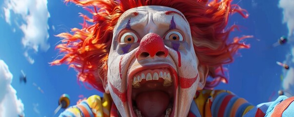 Creepy Clown with Wide Open Mouth and Big Eyes, Scary Clown Face, Halloween Costume, Circus Freak, Joker Smile, Horror Movie, Clown Makeup, Spooky Clown, Nightmare Fuel, Creepy Clown, Carnival, Funny