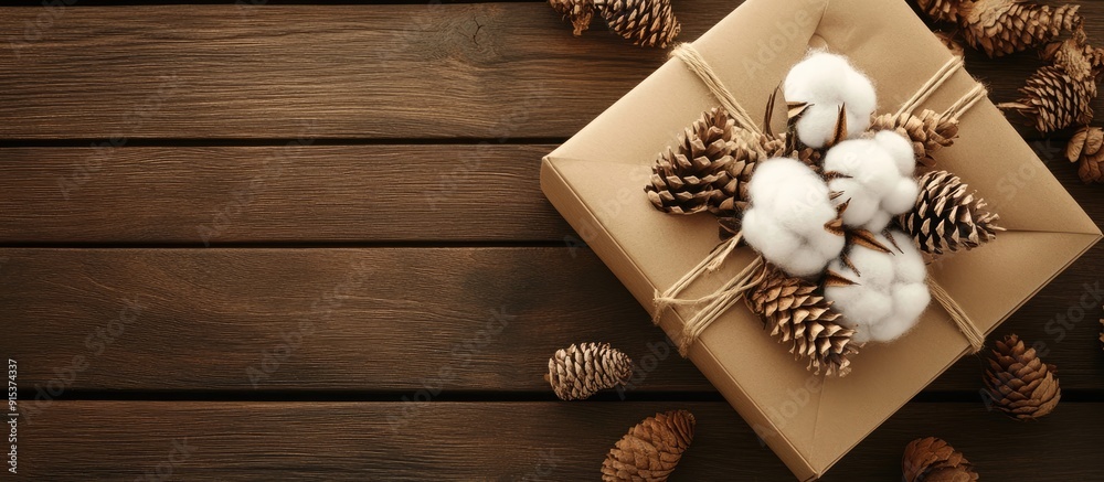 Poster Open gift box on a wooden surface Box containing cones and cotton. with copy space image. Place for adding text or design