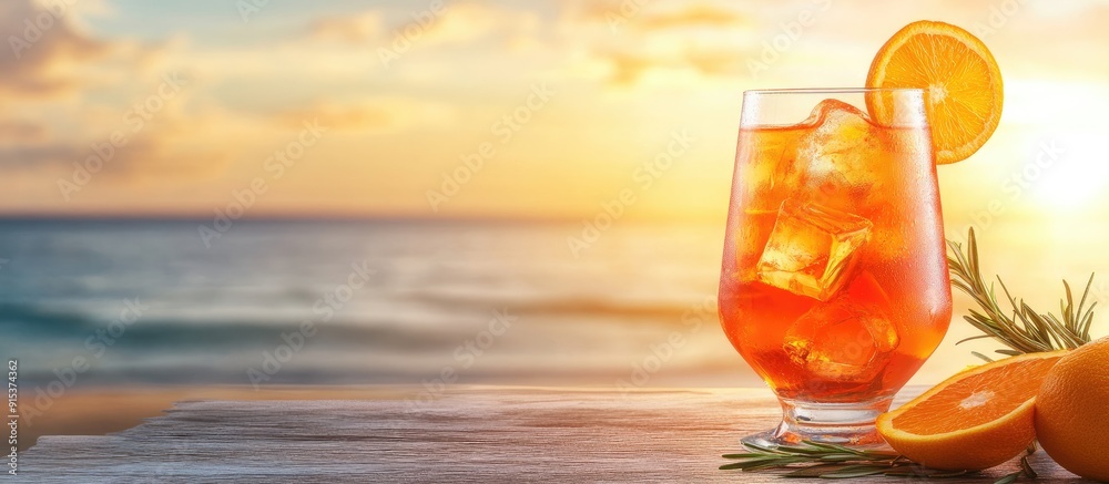 Aufkleber Aperol spritz cocktail in a glass with orange slices and rosemary on a table at the beach Room for text. with copy space image. Place for adding text or design