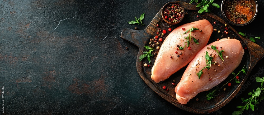 Poster raw chicken breast for grilling with spices and herbs on a dark background top view raw chicken for 