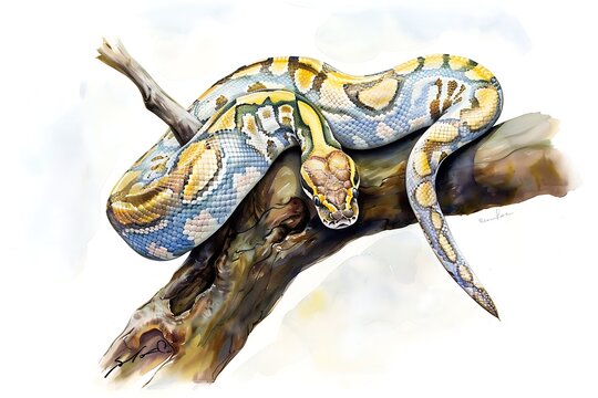 Watercolor Illustration of a Yellow and Blue Python Snake Coiled Around a Branch.