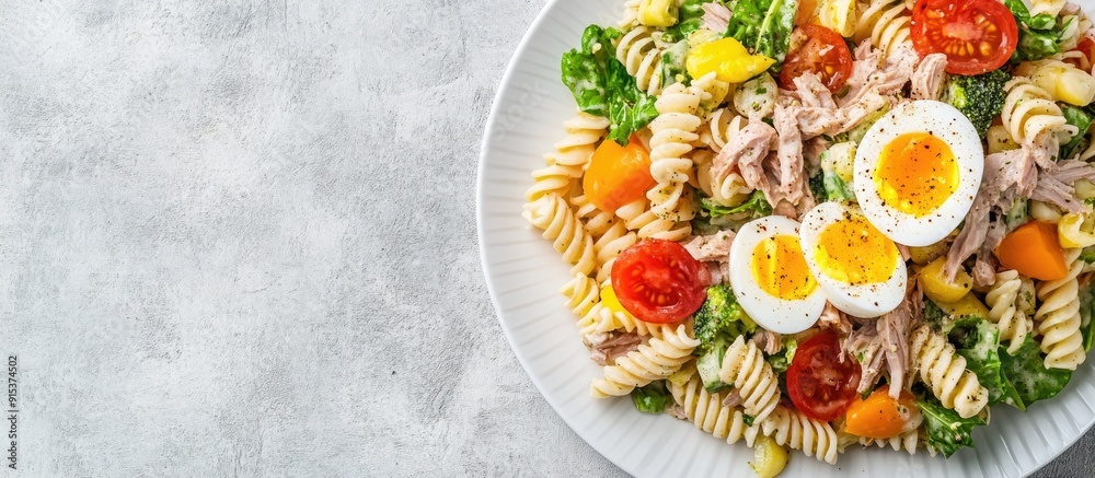 Poster Pasta salad featuring preserved tuna vegetables and eggs served on a white plate against a light slate stone or concrete background Top view with copy space