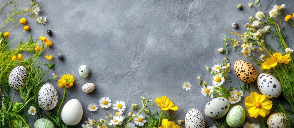 Poster easter decorative corner featuring yellow green and white flowers along with quail eggs on a gray pa