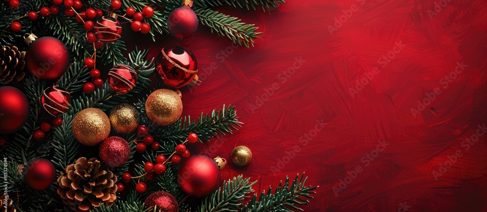 Poster christmas backdrop featuring fir tree branches adorned with red and gold ornaments on a white backgr