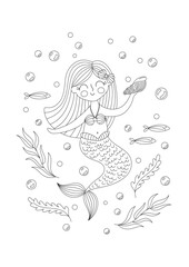 Coloring page with a little mermaid. Childrens cute magic character. Vector illustration of fairy tale undersea life