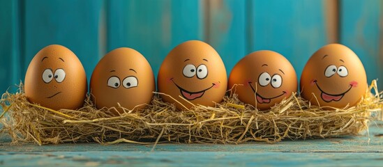 A few brown eggs with humorous faces sit atop a pile of straw set against a blue rustic wooden backdrop with blank space above. with copy space image. Place for adding text or design